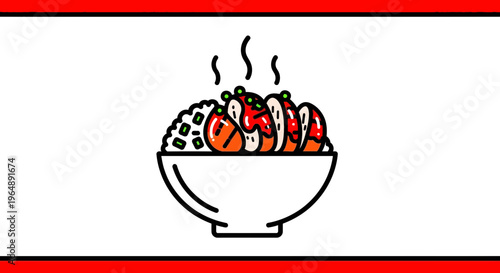 Stylized graphic depiction of a warm, comforting rice dish with rich, savory elements and steaming
