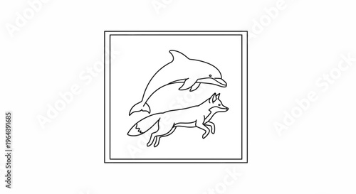 Clean line art illustrating a leaping dolphin and a running fox in a square frame minimalist