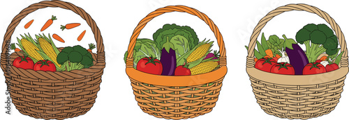 Wicker baskets filled with fresh vegetables including carrots broccoli corn and eggplant in flat vector style, organic farm harvest illustration isolated on white background