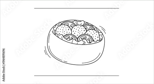 Minimalist Line Art Illustration of a Fresh Mediterranean Bowl with Crispy Falafel and Garden