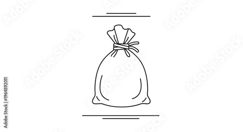 Minimalist black outline drawing of a traditional tied cloth sack or pouch, representing