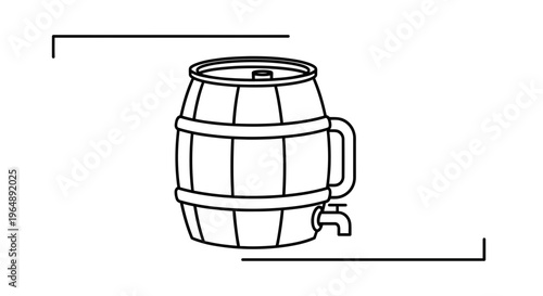Minimalist outline drawing of a classic wooden barrel with handle and tap for beverages or liquids