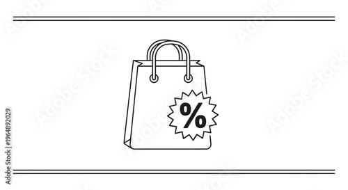 Clean line art graphic depicting a retail shopping bag featuring a prominent percentage discount