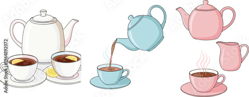 Tea set collection with teapots cups and pouring tea scenes in pastel flat vector style, cozy hot drink illustrations isolated on white background