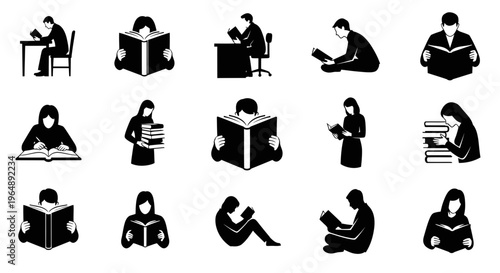 Silhouette Collection: People Reading Books, Studying, Learning, Gaining Knowledge