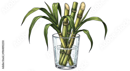Sugarcane stalks with leaves in a glass of water, illustration