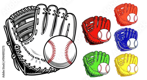 Baseball Mitt and Ball Collection - Vintage Sketch and Colorful Icons