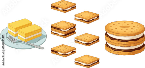 Sweet dessert biscuits and cream sandwiches collection with cookies cake slices and layered treats in flat vector style isolated on white background