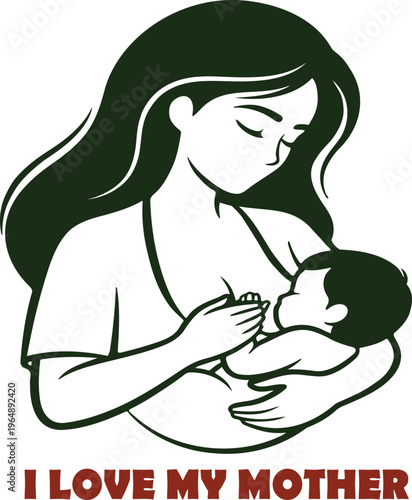 Mother Holding Newborn Baby, Black and White Illustration