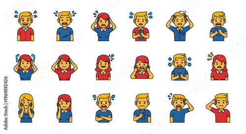 Set of cartoon people showing stress, frustration, worry, and confusion