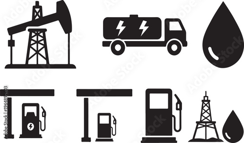 Energy Industry Icons: Oil Rig, Fuel Truck, Gas Station