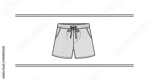 Technical fashion illustration of striped athletic shorts with drawstring waistband and pockets,
