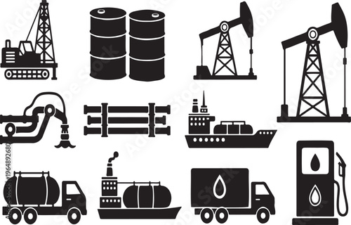 Collection of black silhouettes of oil industry equipment
