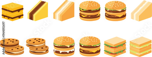 Fast food and snacks collection including burgers sandwiches cheese cookies and desserts in flat vector style isolated on white background for menu and cafe design