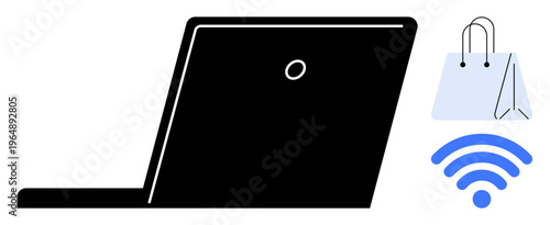 E-commerce, online transactions, mobile shopping, digital connectivity, retail, remote access. A laptop, shopping bag and wireless symbol. E-commerce and online transactions
