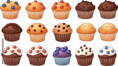 Colorful cupcake collection with chocolate vanilla and fruit toppings in flat vector style, sweet bakery dessert set isolated on white background for menu design