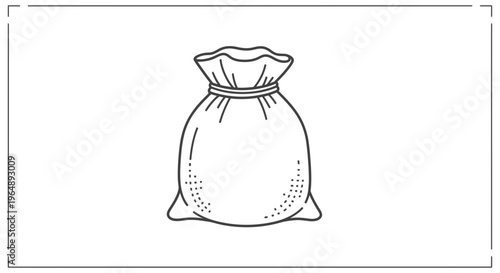 Minimalist black and white line art illustration of a tied-up sack or pouch, depicting concepts of