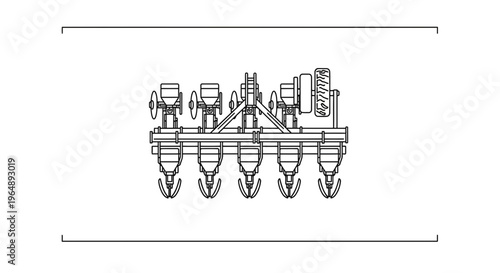 Precision agricultural planting machinery line drawing illustrating modern farming equipment for