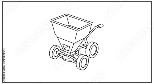 Detailed isometric line art illustration of a lawn and garden broadcast spreader for agricultural