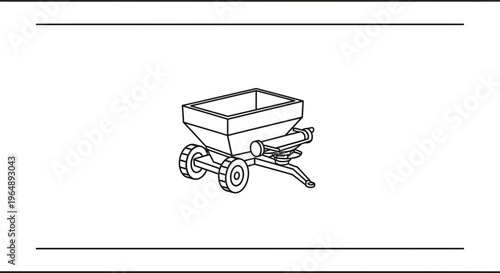 Detailed isometric line art illustration of a wheeled farm implement for material distribution