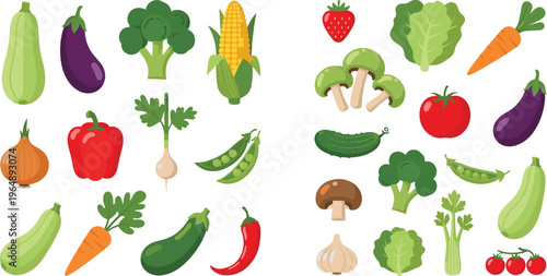 Large collection of fresh vegetables icons including carrot broccoli eggplant tomato cucumber pepper and more in flat vector style isolated for healthy food design