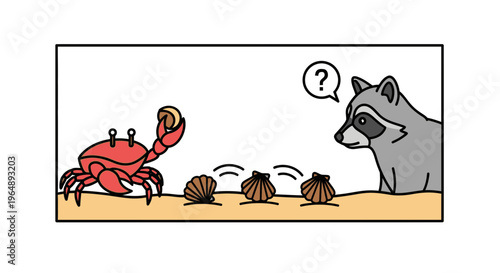A clever crab engages a perplexed raccoon in a classic shell game on a sandy shore