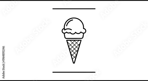 Minimalist black outline drawing of a delicious single scoop ice cream in a classic waffle cone icon