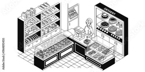 Isometric view of a dessert interior with diverse baked goods and customers
