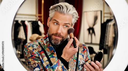 A man with short gray hair and a beard applies makeup with a brush