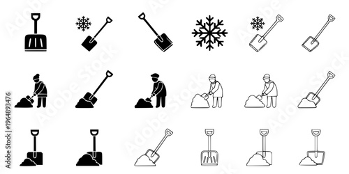 Snow shovel winter icon set, snow removal and cold weather maintenance symbols, solid and outline styles, black vector illustration isolated on white background