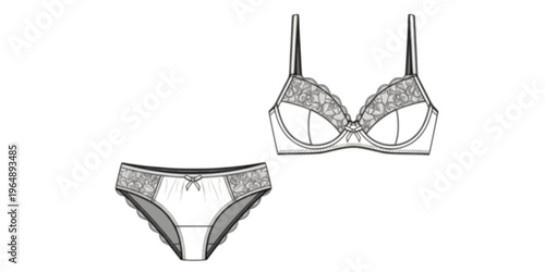 Women lace lingerie technical fashion sketch bra and panties underwear set with scalloped lace trim bow, cad drawing flat vector illustration
