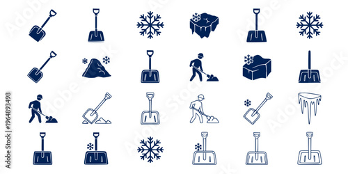 Snow shovel winter icon set, snow removal and cold weather maintenance symbols, solid and outline styles, black vector illustration isolated on white background