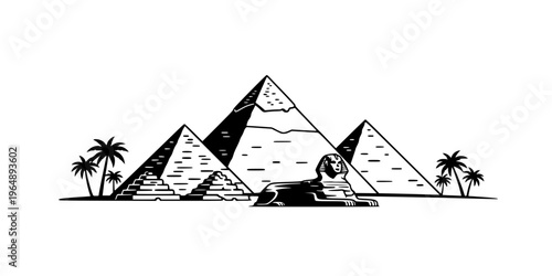 Iconic egyptian desert scene with pyramids camels palm trees and crescent moon flat design vector illustration isolated on transparent background
