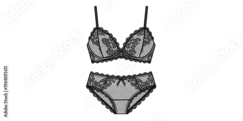 Women lace lingerie technical fashion sketch bra and panties underwear set with scalloped lace trim bow, cad drawing flat vector illustration
