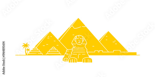 Iconic egyptian desert scene with pyramids camels palm trees and crescent moon flat design vector illustration isolated on transparent background
