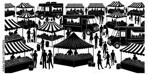 A bustling outdoor farmers market scene with vendors shoppers and food trucks presented as a silhouette on transparent background high quality
