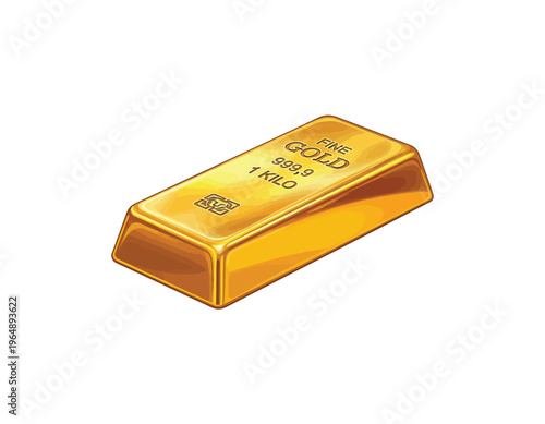 A shiny, golden bar of precious metal, likely gold, with 'FINE GOLD 999.9 1 KILO' inscribed on its surface, presented in a realistic, vector illustration style on a white background