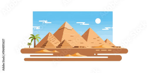 Iconic egyptian desert scene with pyramids camels palm trees and crescent moon flat design vector illustration isolated on transparent background
