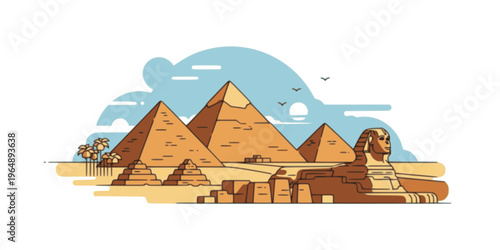 Iconic egyptian desert scene with pyramids camels palm trees and crescent moon flat design vector illustration isolated on transparent background
