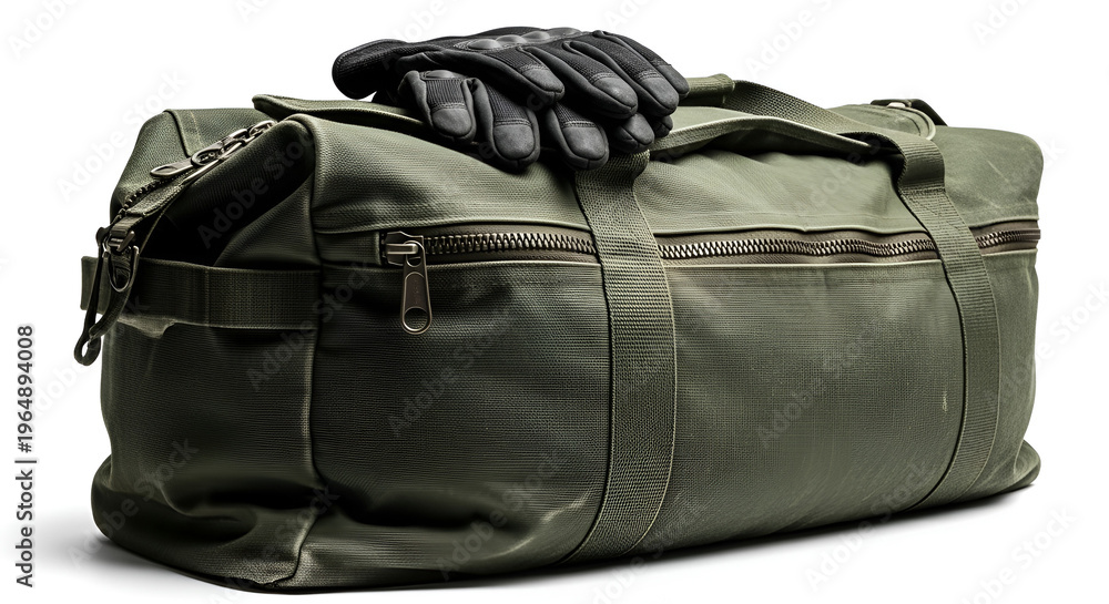 Naklejka premium Olive green duffel bag with closed zippers and black tactical gloves on top isolated on white for travel sports and outdoor activities