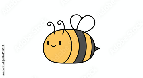 Cute cartoon bee with black stripes and white wings, isolated on white background.