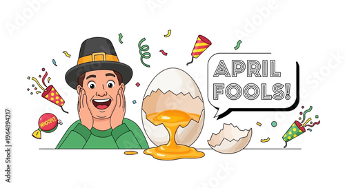 Cartoon man in pilgrim hat reacts to spilled egg on April Fools' Day with humor and jokes concept in a playful prank lifestyle.