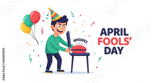 A cartoon man wearing a party hat holds a whoopee cushion on a table with colorful balloons and confetti, celebrating April Fools' Day with a funny prank concept in a playful illustration.