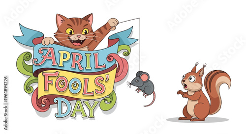 A playful cartoon cat and squirrel with a mouse on April Fools' Day, with colorful illustrations and a humorous prank concept in a fun, lighthearted scene.