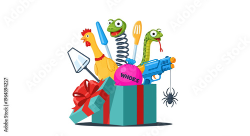 Illustration of a teal gift box with red ribbon and bow containing a pink circle, surrounded by playful April Fools' Day prank items including a water gun, spider, chicken, and worms on a