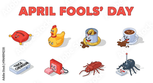 A colorful flat lay of playful April Fools' Day prank illustrations with humorous icons on a clean white background.