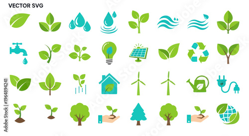 Eco Friendly Icons Set: Nature, Energy, Sustainability, Green Living