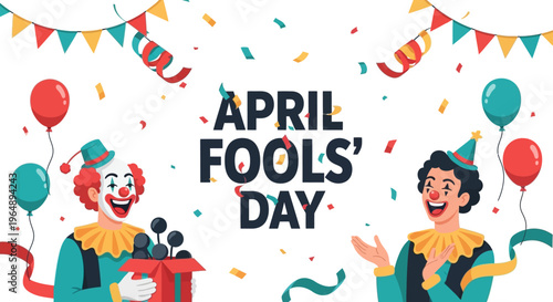 Illustration of two clowns with balloons and confetti celebrating April Fools' Day with a playful prank concept in a colorful design.