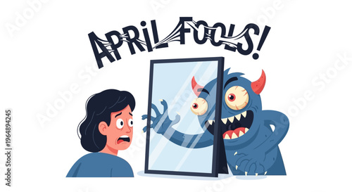 A cartoon man looks surprised as a blue monster with horns emerges from a mirror with an 'APRIL FOOLS!' banner above, conveying a playful prank lifestyle with humor and jokes concept in a