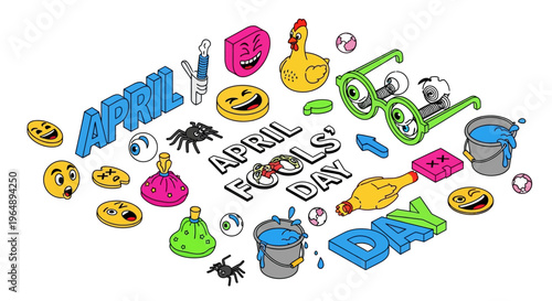 Colorful illustrations of April Fools' Day concepts, including prank ideas and humor, arranged on a white background with playful designs and emojis.